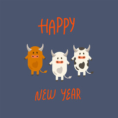 Christmas and new year cards with symbols of the new year of the bull and winter holidays. Can be used for banners, greeting cards, gifts, etc. Holiday card, with Christmas tree and winter holiday