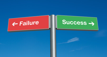 Obraz premium Failure and Success Exit Sign Post with Blue Sky Backdrop