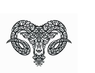 hand drawn ram illustration with dayak ornament