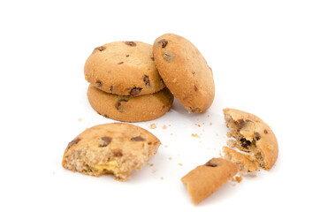 delicious cookies with pieces of cookies and crumbs isolated on a white background.