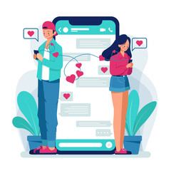 Couple chatting on dating app. Flat art vector.