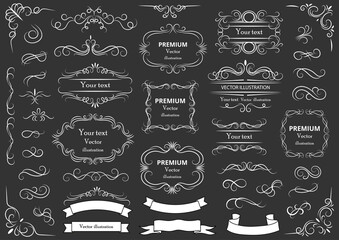 Calligraphic design elements . Decorative swirls or scrolls, vintage frames , flourishes, labels and dividers. Retro vector illustration.