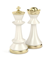 Fototapeta na wymiar White king and queen chess pieces on white background