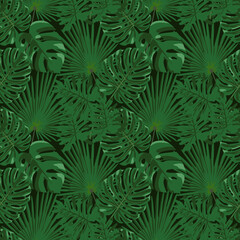 Naklejka na ściany i meble Tropical leaf design with a green palm and monstera plant leaves on a black background. Seamless vector repeating pattern. Design for printing fabric, clothes, bedding, wrapping paper, poster.