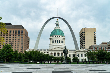 The old courthouse in St. Louis, MO as seen from the western side with the Gateway Arch seen behind...