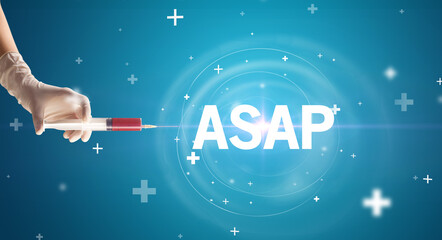 Syringe needle with virus vaccine and ASAP abbreviation, antidote concept