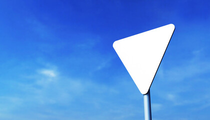 Mockup of a triangular road sign on a metal pole, against a blue sky background