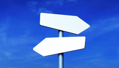 Mockup of road direction arrows on a metal post, against a blue sky background