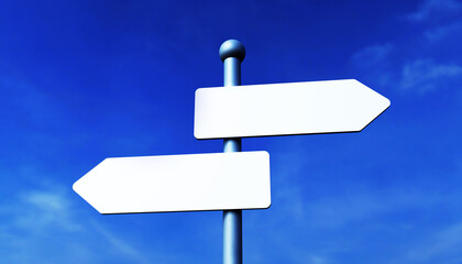 Mockup of road direction arrows on a metal pole, against a blue sky background