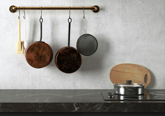 Empty marble worktop in kitchen with stove and pots hanging on the wall, 3d illustration, 3d rendering