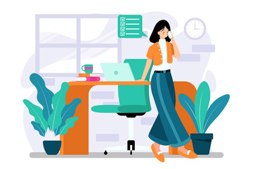 office lady is calling at office. Flat Art vector.