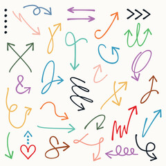Colorful curvy and odd shape hand drawn direction arrows and pointers set on off white background