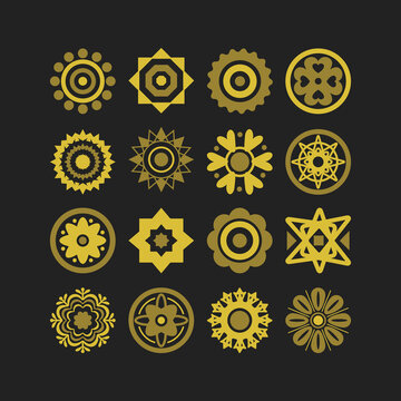 Golden cute isolated different style flower motifs icons set on black background
