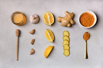 Folk remedies ginger, garlic, turmeric, honey, lemon. Ingridients for making drinks to prevent and...