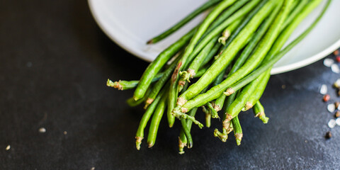 green beans raw legumes organic eating feed, vegetarian or vegan salad vegetables top view copy space for text