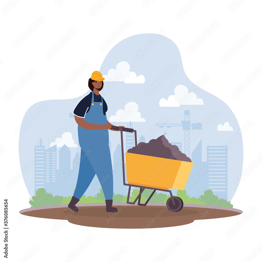 Poster afro constructor worker with wheelbarrow character