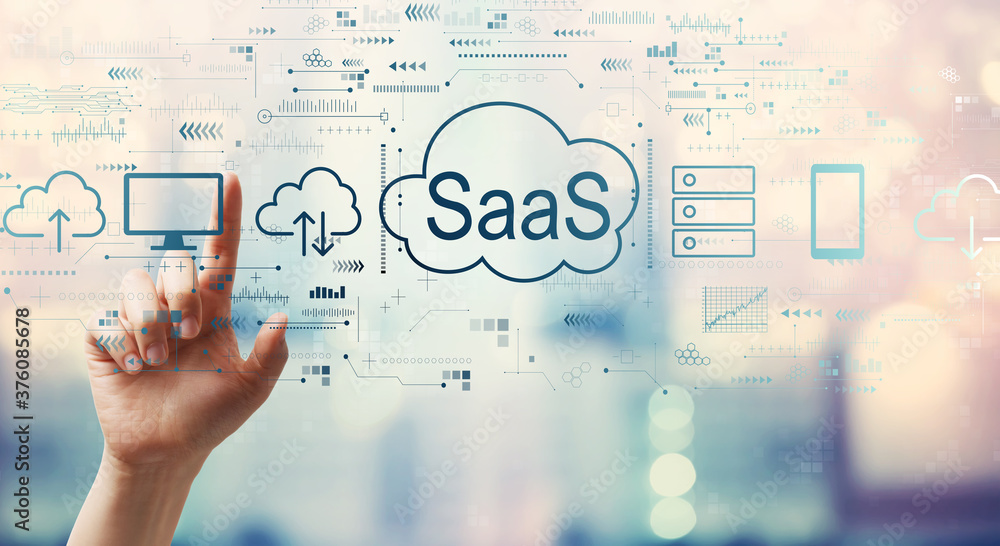 Poster saas - software as a service concept with hand pressing a button on a technology screen