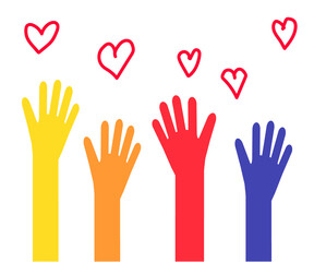Obraz premium The hands of various people are raised up. Symbol. Vector illustration.