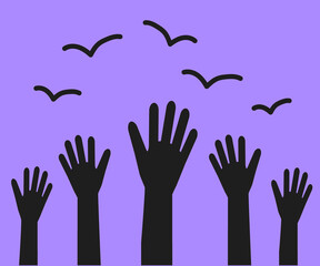 Hands of various people on a purple background. Symbol. Vector illustration.