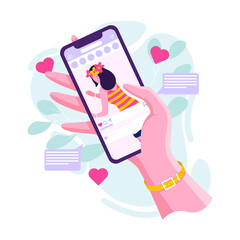 Hand with phone using social media. Flat art vector.
