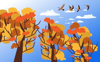 Autumn trees with gold lives with stylized trees. Seasonal illustration.