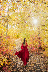 Naklejka premium Beautiful girl walking outdoors in autumn colorful forest. Young girl enjoying autumn weather.