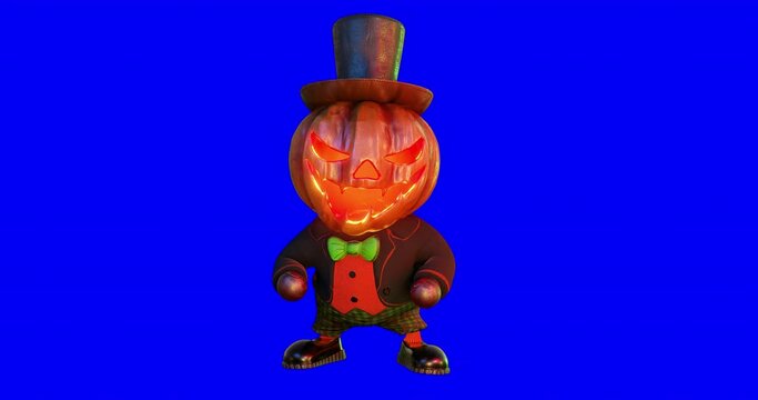 3d looping animation character Halloween theme of the cute pumpkin head monsters roar, isolated on blue and black background with luma matte section.