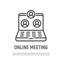 Online meeting thin line icon. Video call on laptop. Webinar, online conference, distant learning. Vector illustration.