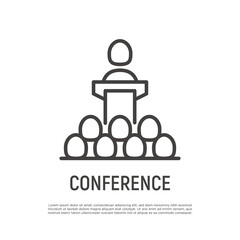 Speaker, leader, president thin line icon. Conference: man at tribune. Politician or candidate at debate. Vector illustration.