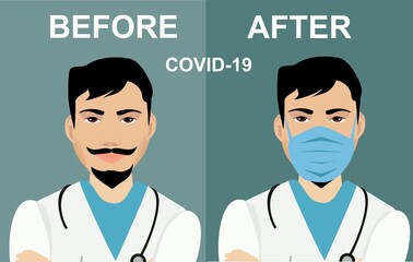 male doctor avatars. . man characters in medical gowns and face masks, and without mask Coronavirus epidemic situation before and after pandemia. Vector illustration