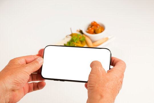 mobile phone blank screen in hands, taking pictures of food plata, app, background, concept, delicious, food, fresh, hand, healthy, holding, internet, isolated, lunch, meal, mobile, nutrition, phone, 