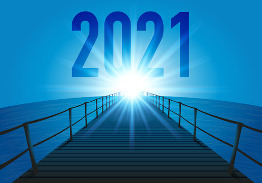L’année 2021 avec le concept de l’objectif à atteindre pour l’avenir d’une entreprise. L’illustration utilise le symbole d’un ponton traversant l’océan en direction du soleil qui brille à l’horizon.