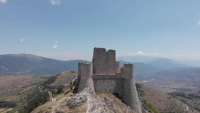 Aerial drone view of the ruins of the ancient medieval castle of Rocca Calascio, L'Aquila, Abruzzo, Italy
