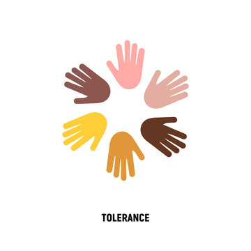 International day of tolerance. Multicultural partnership, pacifism, support and help to integration. Hands of different nationalities in circle. Flat icon. Vector illustration.