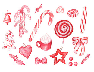 Christmas watercolor clipart set of candy canes, sweets and decorations. Hand-drawn elements on a white isolated background. 