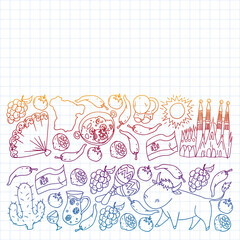 Spain travel. Pattern with spanish vector doodles elements. Eat spanish food. Play spanish guitar, dance flamenco. Traditional icons of bull, wine, dresses.