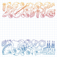 Spain travel. Pattern with spanish vector doodles elements. Eat spanish food. Play spanish guitar, dance flamenco. Traditional icons of bull, wine, dresses.