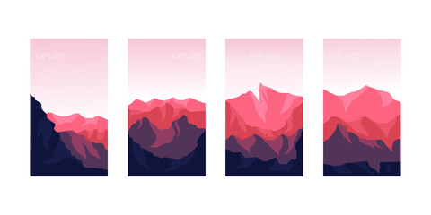 vector illustration of a set of banners, Mountain explore, set of vector mountain ilustration for background and wallpaper. Flat design template of gift cards, banner, invitation, poster, website layo