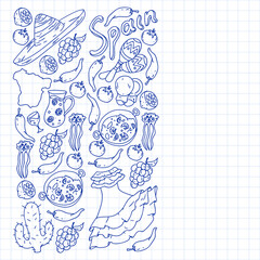 Spain travel. Pattern with spanish vector doodles elements. Eat spanish food. Play spanish guitar, dance flamenco. Traditional icons of bull, wine, dresses.