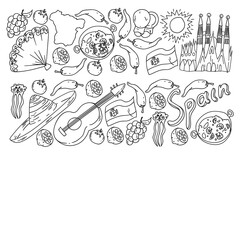 Spain travel. Coloring page. Pattern with spanish vector doodles elements. Eat spanish food. Play spanish guitar, dance flamenco. Traditional icons of bull, wine, dresses.