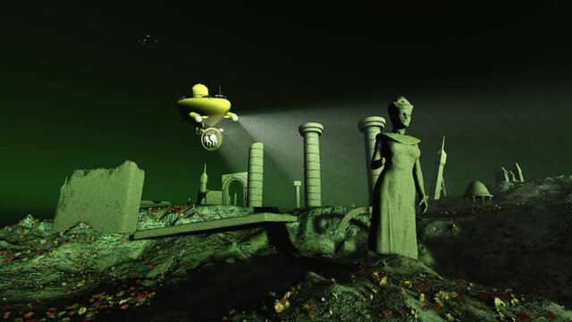 Bathyscaphe exploring ruins submerged in the sea