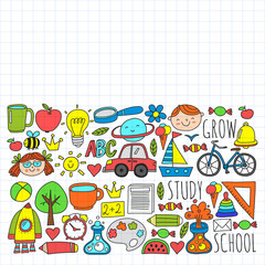 Back to School vector doodle set. Supplies for sport, art, reading, science, geography, biology, physics, mathematics, astronomy, chemistry.