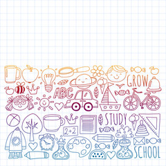 Back to School vector doodle set. Supplies for sport, art, reading, science, geography, biology, physics, mathematics, astronomy, chemistry.
