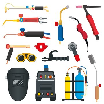 A set of metal  or gas welding, MAG, GMAW equipment flat vector illustration.