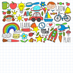 Back to School vector doodle set. Supplies for sport, art, reading, science, geography, biology, physics, mathematics, astronomy, chemistry.