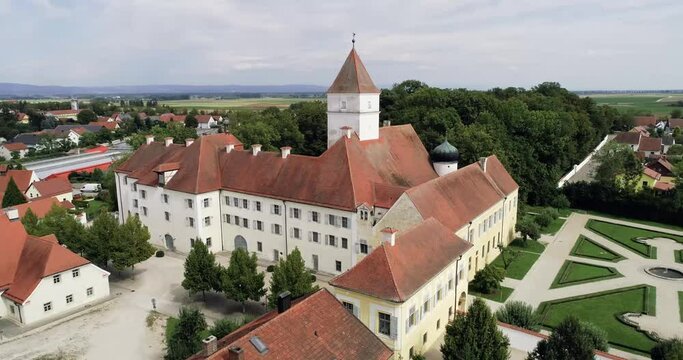 Drone is flying around a historical bavarian castle