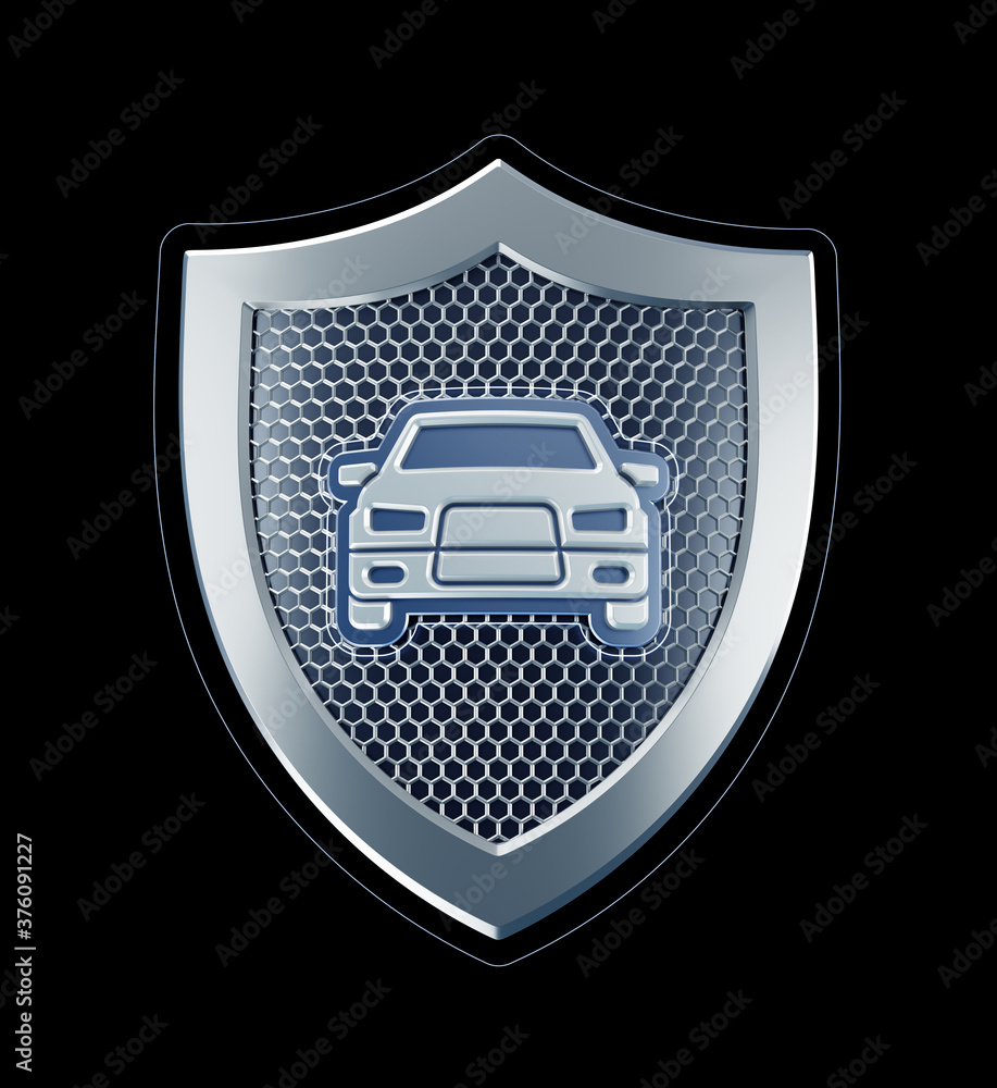 Poster an emblem of a car security. metallic shield with a car pictogram in center of it which are represen