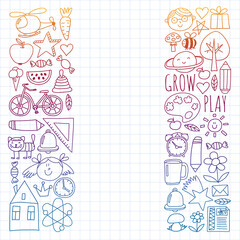 Back to School vector doodle set. Supplies for sport, art, reading, science, geography, biology, physics, mathematics, astronomy, chemistry.