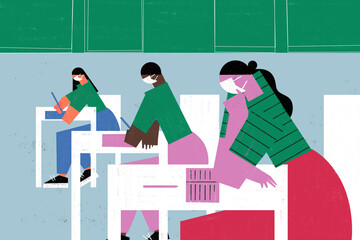 Children wear cloth face covering at reopening a school after coronavirus lockdown.