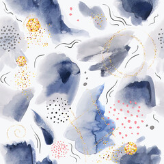 Seamless Pattern with tinsel paper and Watercolor Spots. Abstract Aquarelle hand paint
